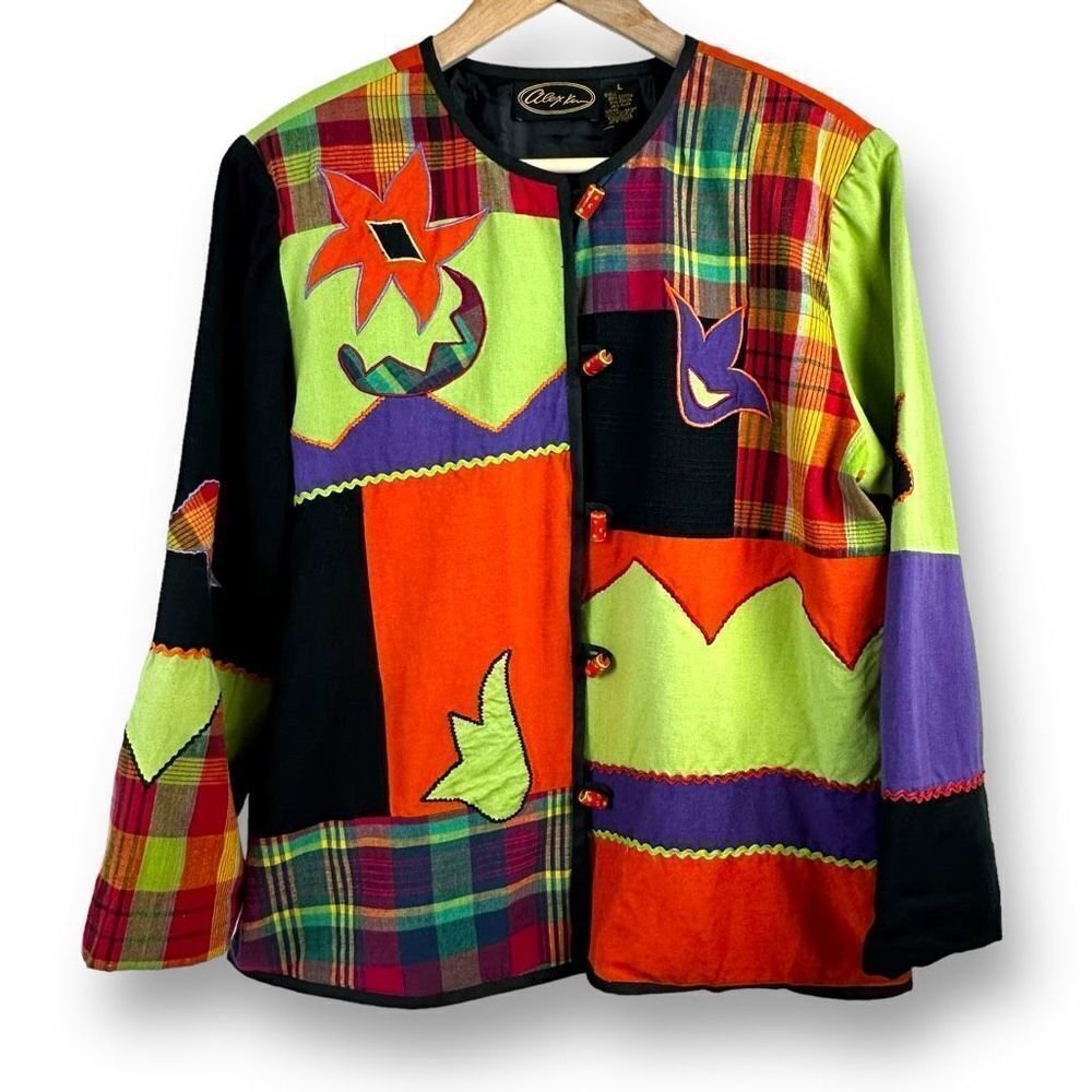 Alex Kim Women's Size L Whimsical Patchwork Blazer Bright Multicolor Art To Wear
